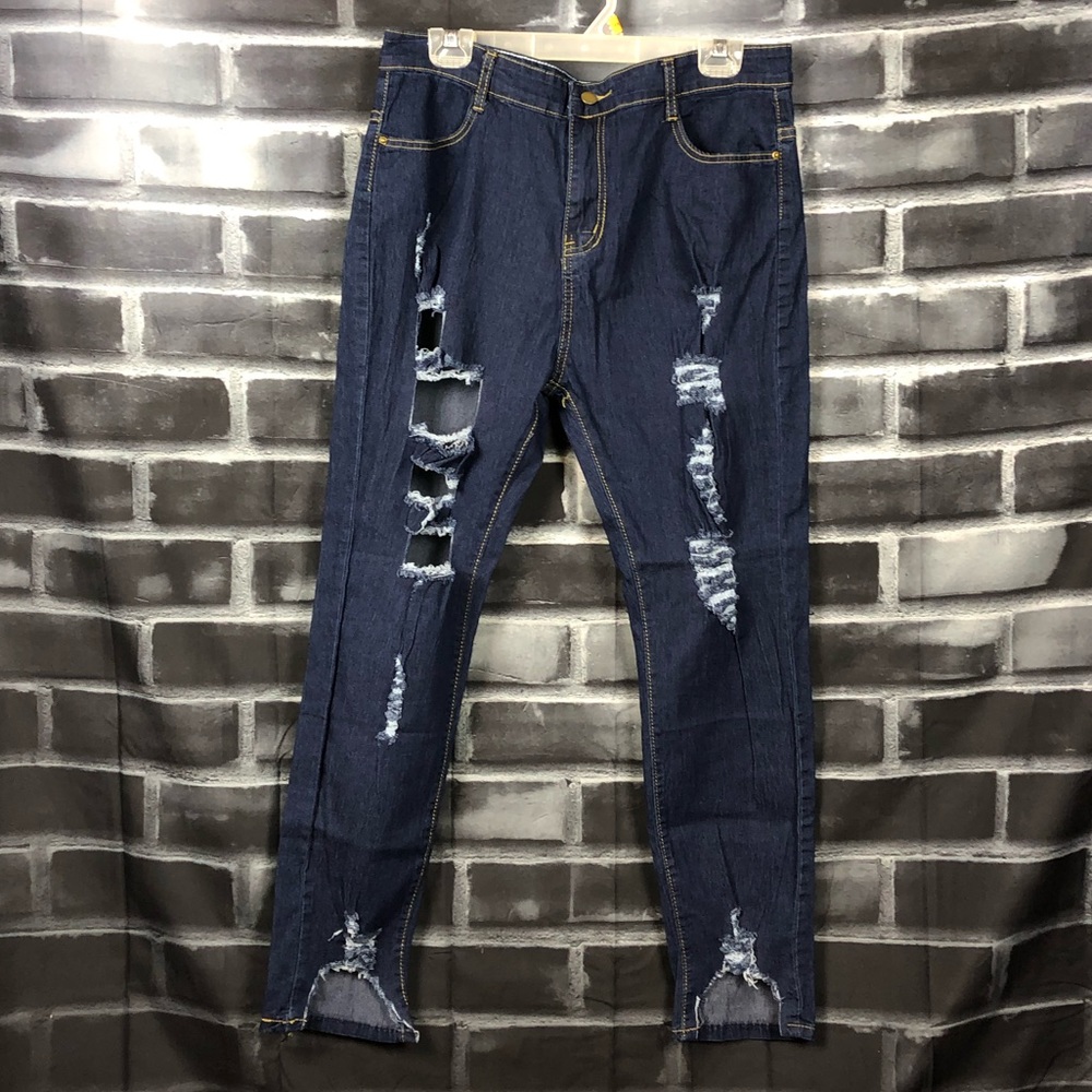 Distressed jeans.
